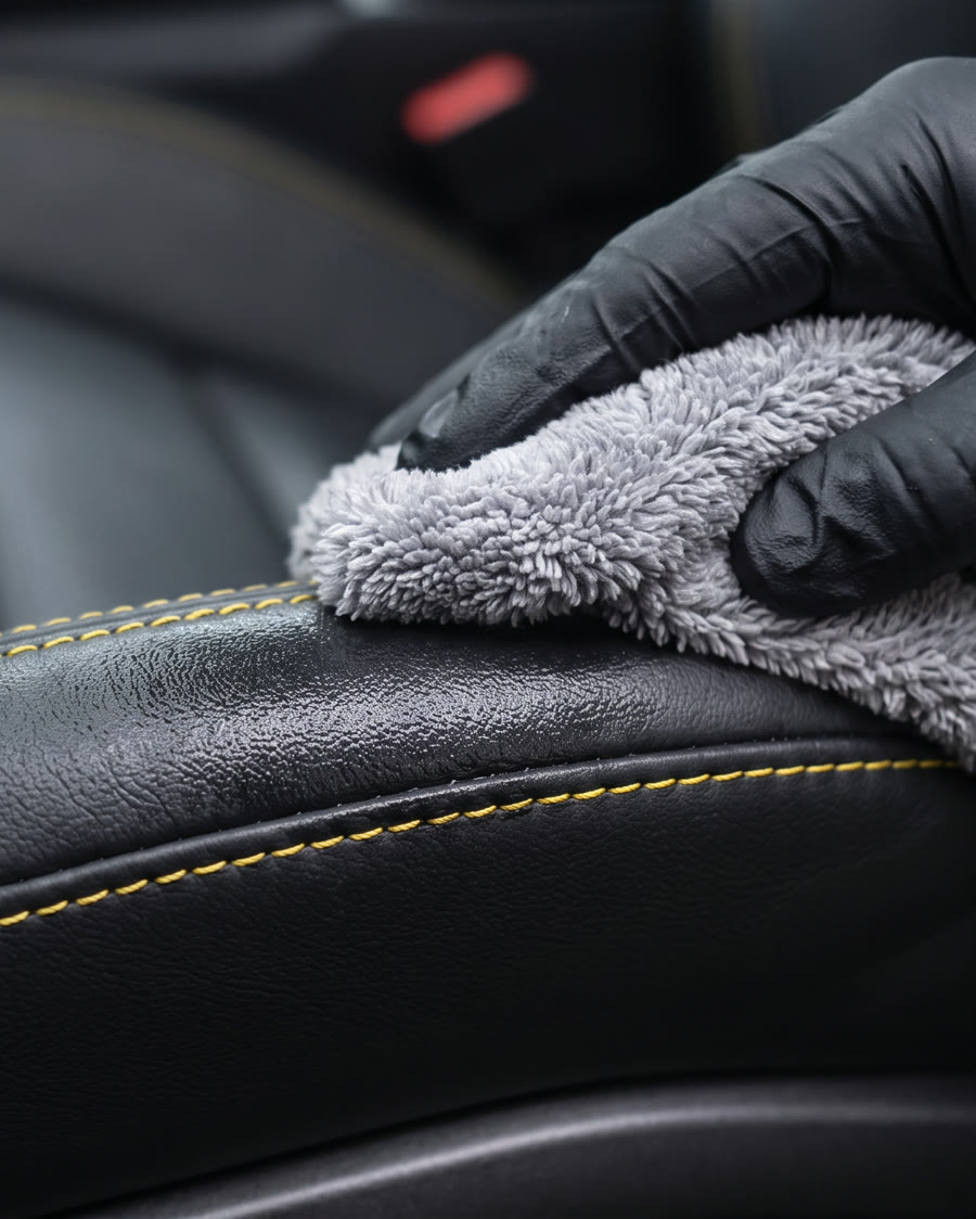 Leather seat being wiped with microfiber